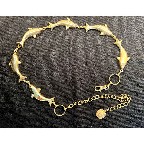 ANNE KLEIN GOLD BRASS CHAIN BELT Dolphin Nautical ADJUSTABLE 40" Lion Accent - Picture 1 of 6